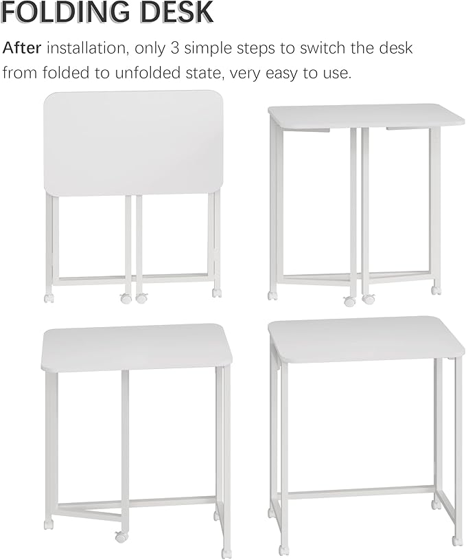 4NM 23.6" Mobile Small Rolling Computer Desk, Folding Laptop Cart Table with Wheels, Portable Office Desk for Small Space Couch Bed - All White