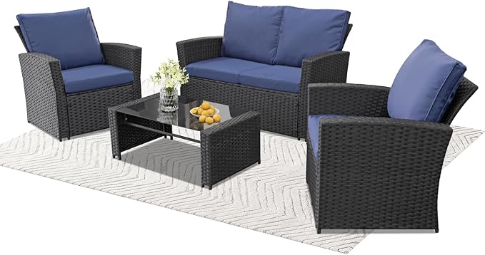 FHFO 4 Piece Outdoor Patio Furniture Set,Wicker Conversation Sets Outdoor Sectional Patio Sofa Couch with Cushions & Coffee Table for Outside, Garden, Balcony, Porch,Black/Blue