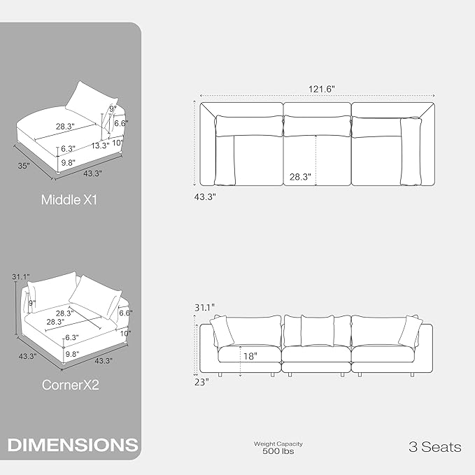Fajiani Oversized Modular Sectional Sofa,Cloud Couch Deep Seat Sofa Cushion Covers Removable, Oversized Sectional Couches for Living Room (3 Seater-Cream White)