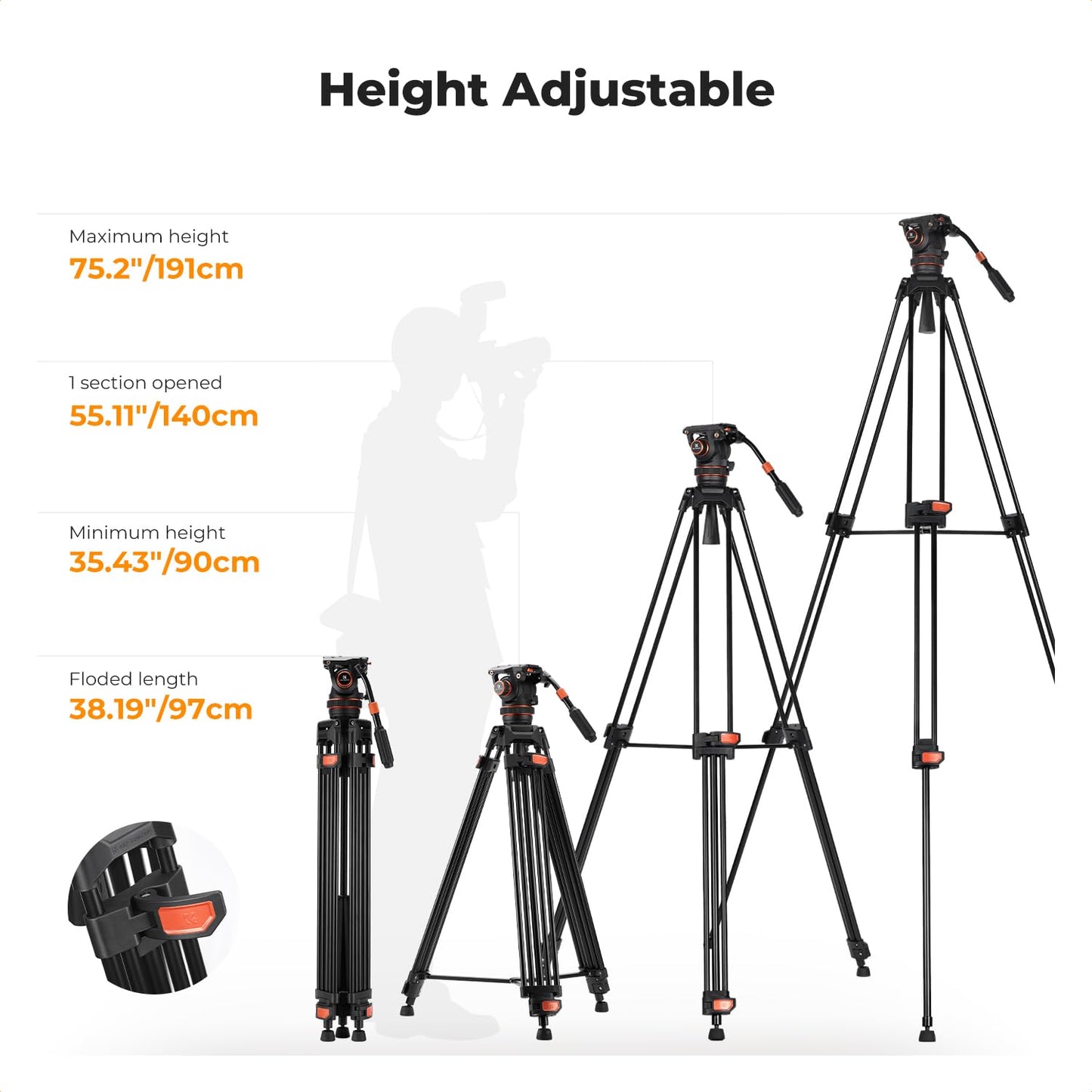 K&F CONCEPT 75" Video Tripod, Heavy Duty Camera Tripod Stand with Fluid Head Damping Adjustable, Load up to 22lb, QR Plate Compatible with Canon Nikon Sony and Other DSLR Camcorder