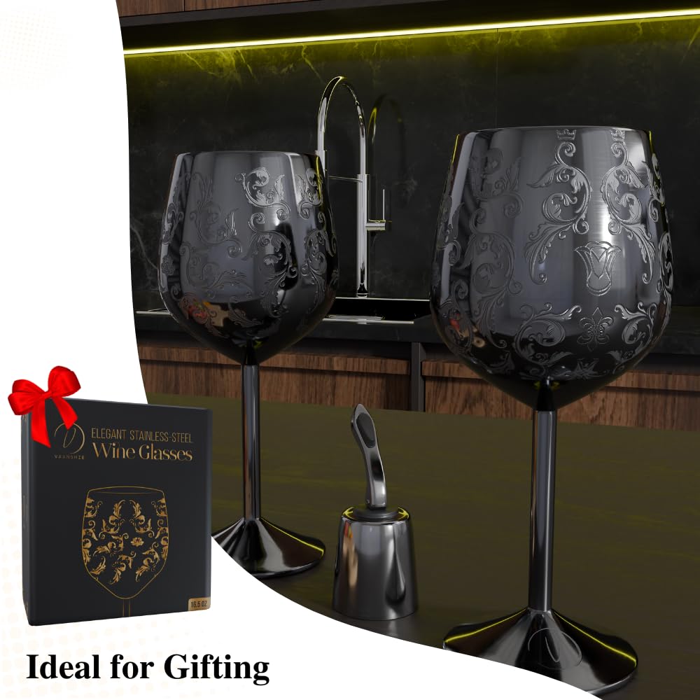 vaanshie 17oz Stainless Steel Wine Glasses [Set of 2] – Black Royal Goblets with Intricate Baroque Engravings, Unbreakable and Shatterproof Wine Cups with Bottle Stopper Ideal for Mother's Day Gift