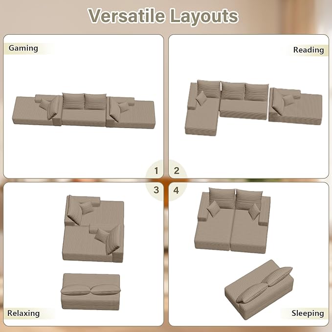 Sectional Cloud Couch for Living Room, Modular Floor Deep-Seat Sofa, Big Comfy Corduroy Couches Set with Fluffy Memory Foam, Stupendous U Shaped Sofas, No Assembly Required, Camel