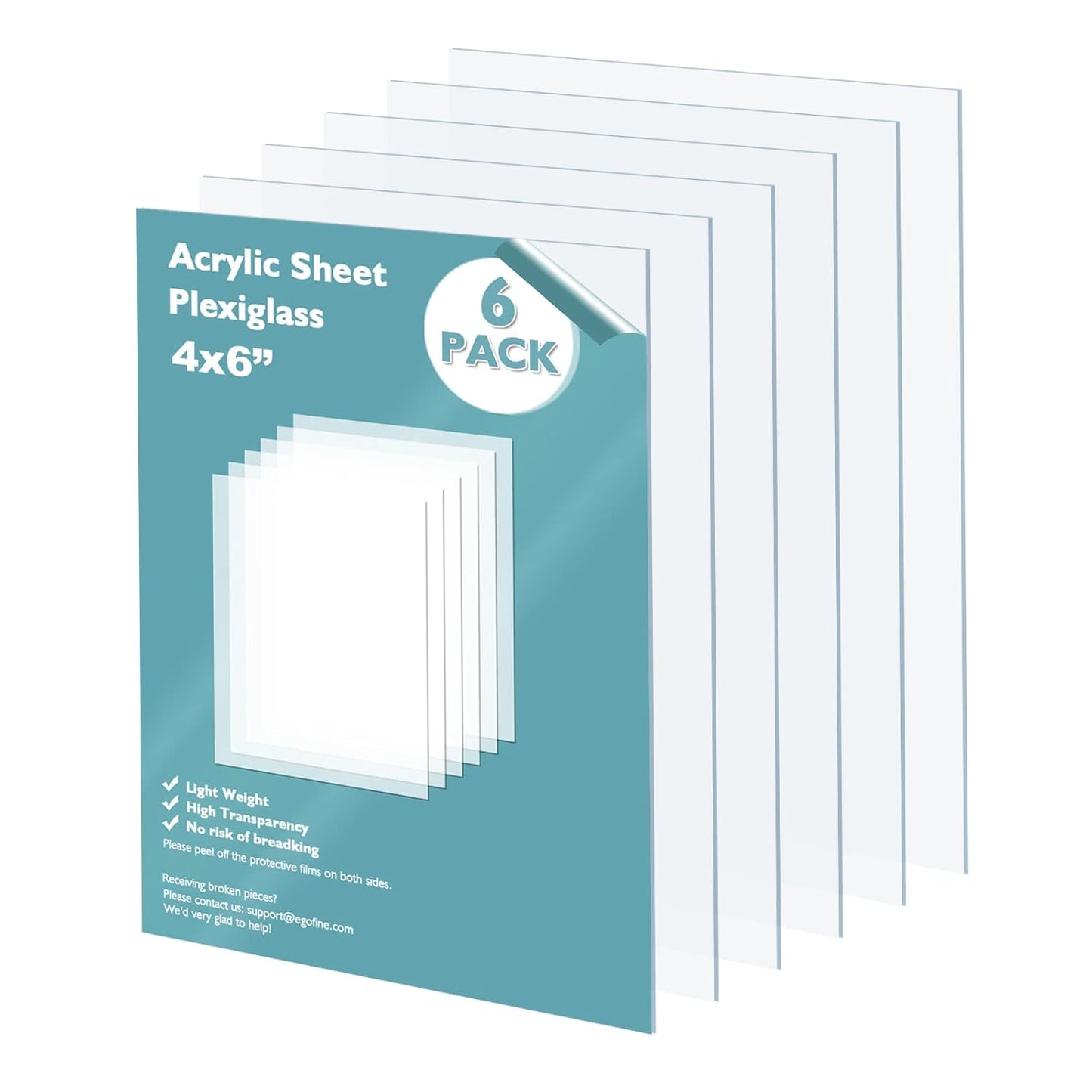 Egofine Plexiglass Sheets Acrylic Sheets 6 Pack of 4x6’’ 0.04 Thick Clear Plastic Cast Transparent Plexi Glass for Crafting Projects, Replacement Picture Frame Glass, DIY Display, Easy to Cut