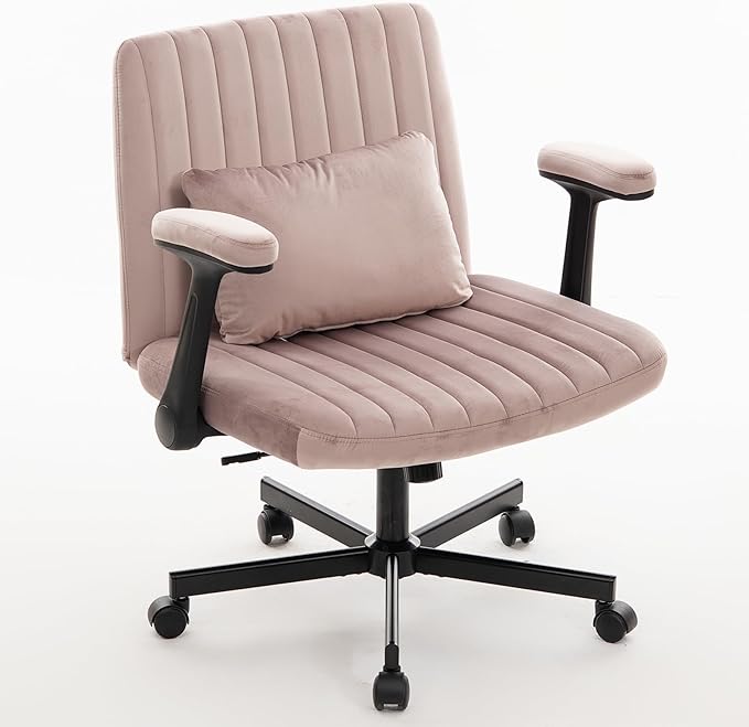 Furnimart Criss Cross Desk Char Wide Seat with Wheels and Arms, 360° Swivel Cross Legged Desk Chair Thick Cushion, Linen Comfy Armless Home Office Chair for Bedroom, Vanity, Sturdy (Light Pink)