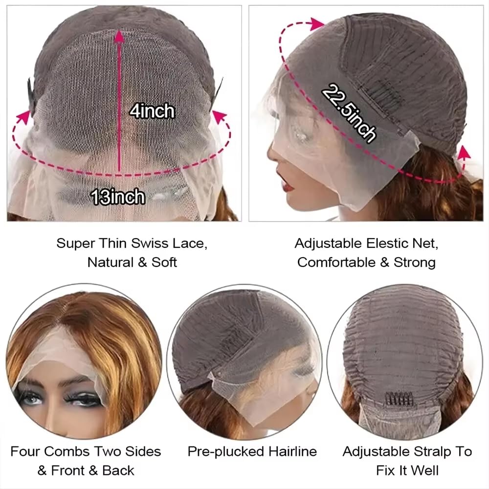 KFgood Ombre Lace Front Wig Human Hair 34inch Highlight 13x4 HD Deep Wave Wig Human Hair 200% Density 4/27 Colored Honey Blonde