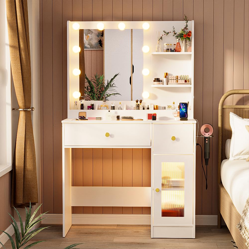 LAKEMID Vanity Desk with Mirror and Bulbs Lights, White Glass Top Makeup Vanity Table with Drawers & Power Outlet,3 Lighting Modes & Adjustable Brightness, Modern Vanity Dressing Table with Cabinet