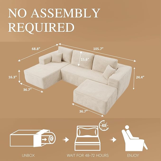 NAYA 106” Modular Sectional Sofa, Cloud Sectional Couch with Deep Seat, Modern Modular L-Shape Sofa Boneless Couch with Chaise for Living Room Bedroom (Beige, U-Shaped Minimalist Sofa)