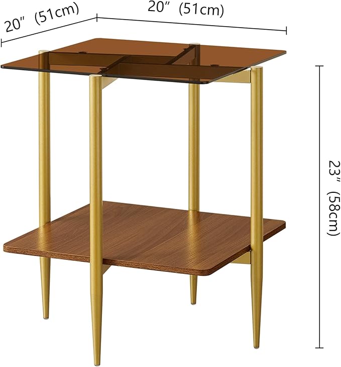 Pine Flicker Square Glass End Table, Mid-Century Modern Sofa Table, L20*W20*H23 inch for Living Room, 2-Tier Structure, Amber Glass Top and Walnut MDF Shelf, Sleek Conical Metal Legs with Gold Finish