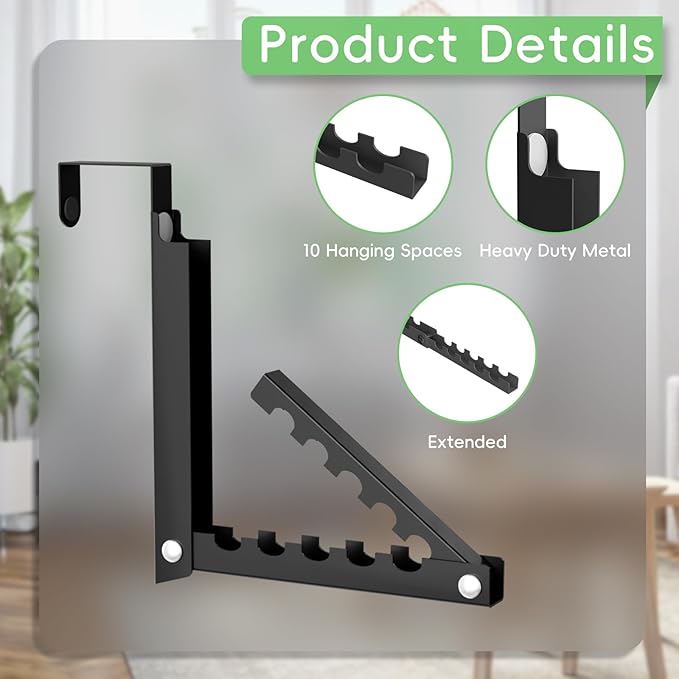 Over The Door Hooks, Extended Over The Door Clothes Hanger with 10 Ridges,Space-Saving Over The Door Rack,Door Hooks for Hanging Clothes,Larger Capacity Over The Door Hanger (2, Black)