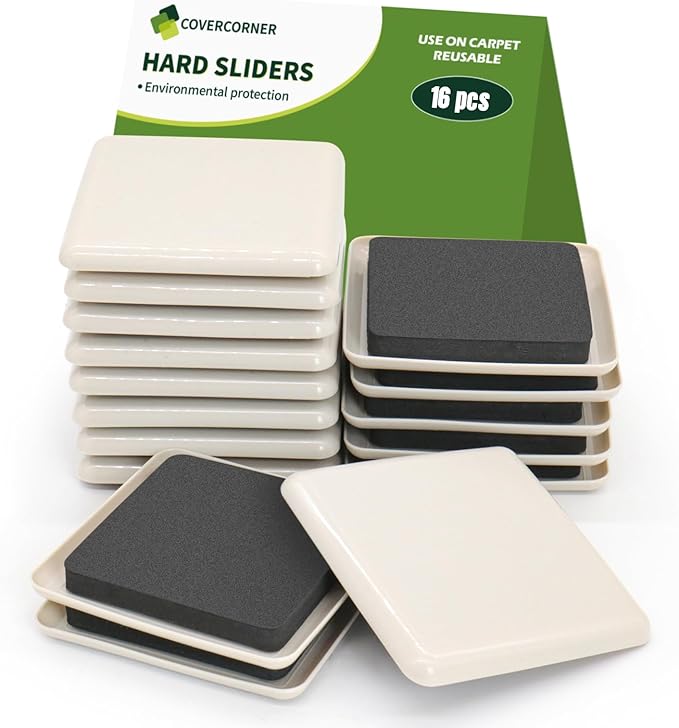 COVERCORNER Furniture Sliders for Carpet 16 PCS - 3 1/2 inch Furniture Moving Slider Chair Legs Floors Protectors Square Furniture Movers Sliders – Move Your Furniture Easy & Safely(for Carpet)