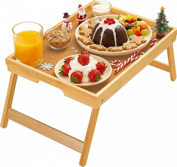 Bamboo Bed Tray Table with Foldable Legs, Breakfast Tray for Sofa, Bed, Eating, Working, Used As Laptop Desk Snack Tray by...