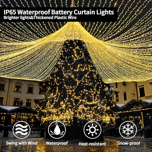 Curtain Lights Battery Operated 10 * 10Ft 300LED Waterfall Light with 8 Modes Remote Dimmable Timer Memory Waterproof Twin...