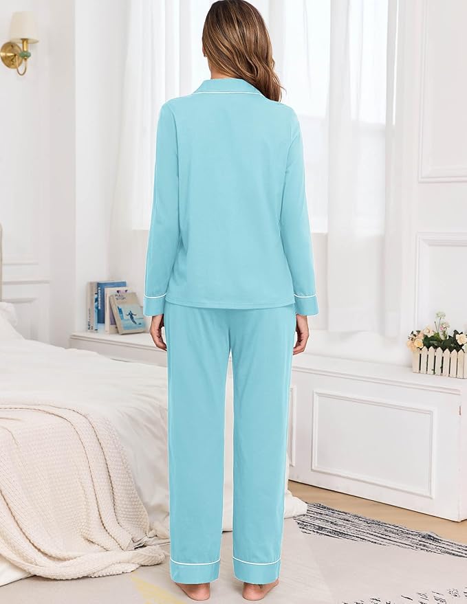 Veseacky 100% Cotton Pajamas for Women Set Long Sleeve Button Down Sleepwear Soft Pjs Lounge Sets with Pockets XS-XXL