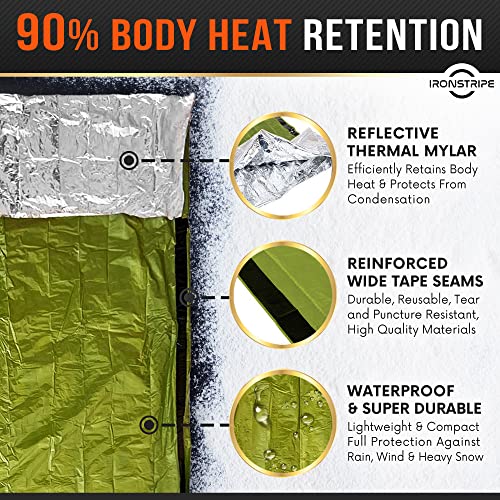 Ironstripe Bivy Sack XL Waterproof Survival Sleeping Bag with Emergency Whistle, Built-in Hood & Thermal Mylar - Tear & Pu...