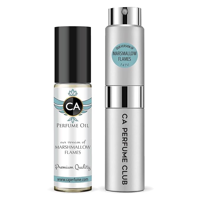 CA Perfume Duo Impression of Marshmallow Flames For Women And Men Perfume Layering Set Long Lasting Travel Size EDP + Body Oil Roll-On Bottle 0.27 Fl Oz+0.33 Fl Oz