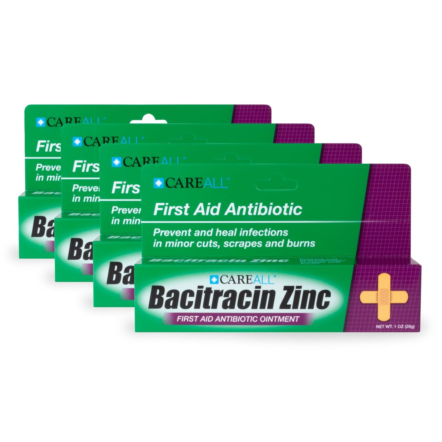 CareAll Bacitracin Antibiotic Zinc Ointment 1oz (4 Pack). First Aid Ointment to Prevent and Heal Infections for Minor cuts, Scrapes and Burns.