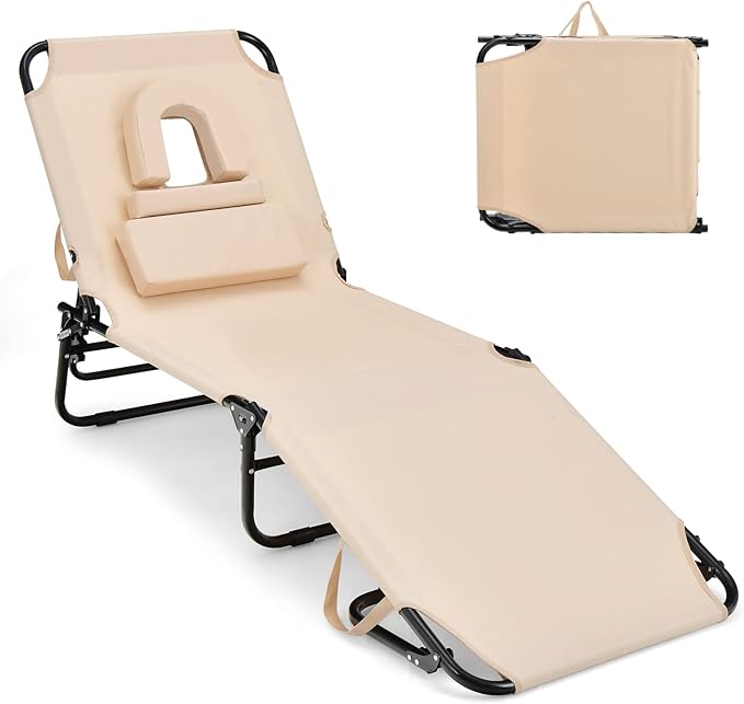 GYMAX Tanning Chair, 350lbs Beach Lounge Chair with Face Hole, Washable Pillow & Carry Strap, Adjustable Folding Chaise Lounge, Layout Lounger for Outside, Patio, Poolside, Lawn (1, Beige)
