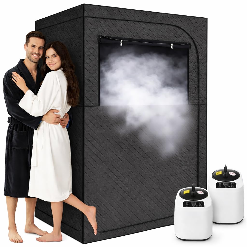 HOSOUTION Upgraded Sauna Box, Portable 2 Person Sauna for Home, Infrared Sauna for Relaxation, Portable Sauna with 2 Upgraded 3L 1200W Steamer, Folding Chair, Black