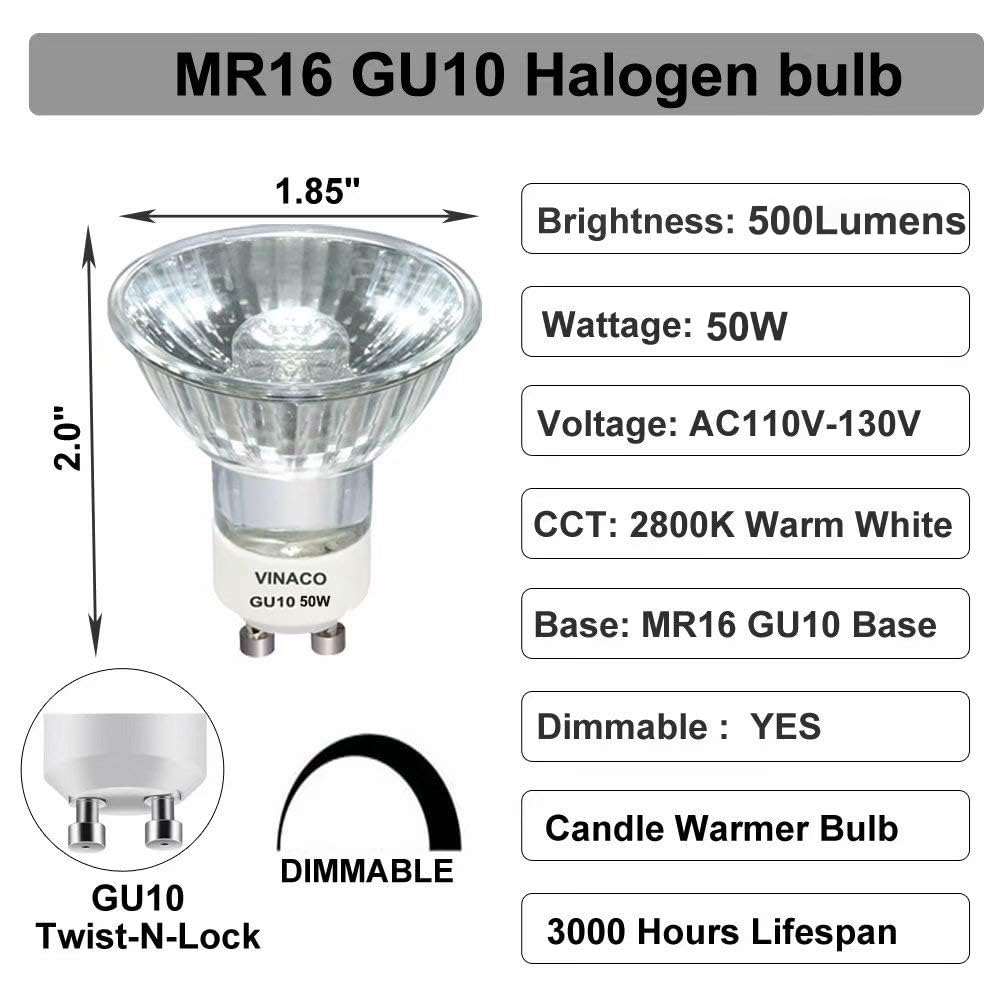 Vinaco GU10 Halogen 50W Bulbs, 6PCS GU10+C 120V 50W Halogen Light Bulbs, GU 10 Dimmable, Warm White, High Brightness MR16 with Glass Cover, Long Lifespan GU 10 50 W for Recessed Track Lighting