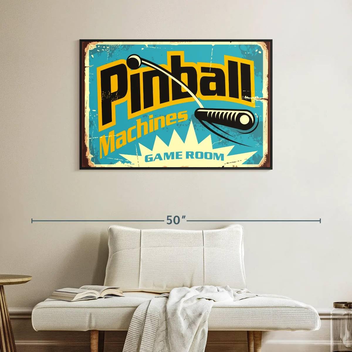 ElephantStock Pinball Machine Game Room Wall Art - Horizontal Floating Framed Canvas - 1-Piece Living Room Wall Decor - Retro Digital Art Canvas Print - Turquoise and Black Decor for Wall - 40" X 27"