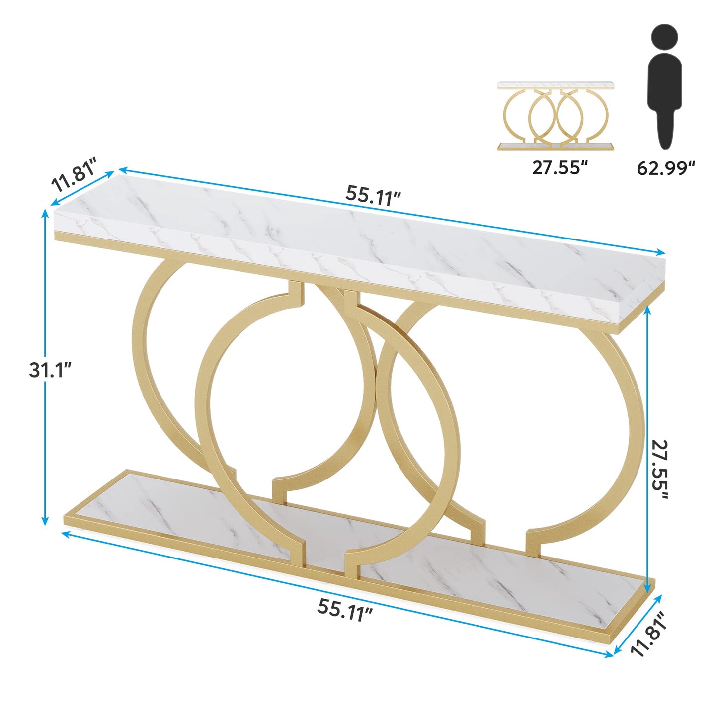 Tribesigns Gold Console Table, 55 inch Modern Entryway Table with Geometric Metal Frame, Faux Marble Narrow Long Sofa Table for Living Room, Entrance, Hallway, White and Gold