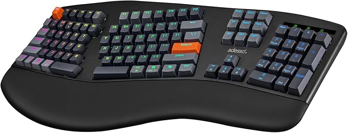 ADESSO EasyTouch 1500 Ergonomic Mechanical Keyboard with Cherry Red Switches Wired Wireless Bluetooth RGB Illuminated Mult...