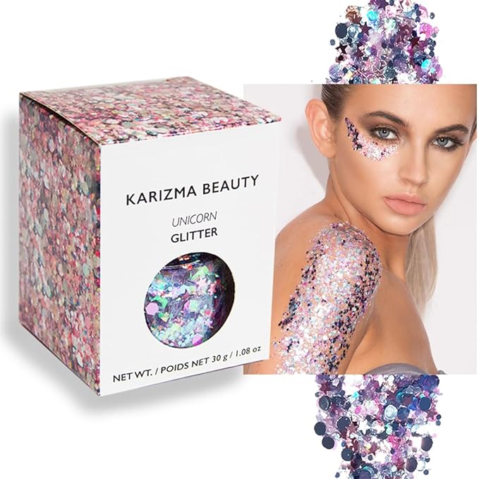 KARIZMA Unicorn Body Glitter. 30g Chunky Face, Hair, Eye and Body for Women. Rave Festival Accessories, Cosmetic Makeup. Loose Set