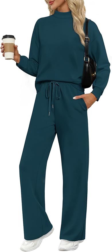 WIHOLL Two Piece Sets for Women Fall Outfits Lounge Sets Mock Neck Tops Wide Leg Pants Vacation Travel Airport Outfits