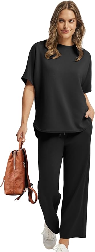Sampeel Two Piece Sets for Women Summer Outfits Oversized Wide Leg Crop Pants Lounge Sets Airport Beach Vacation Clothes