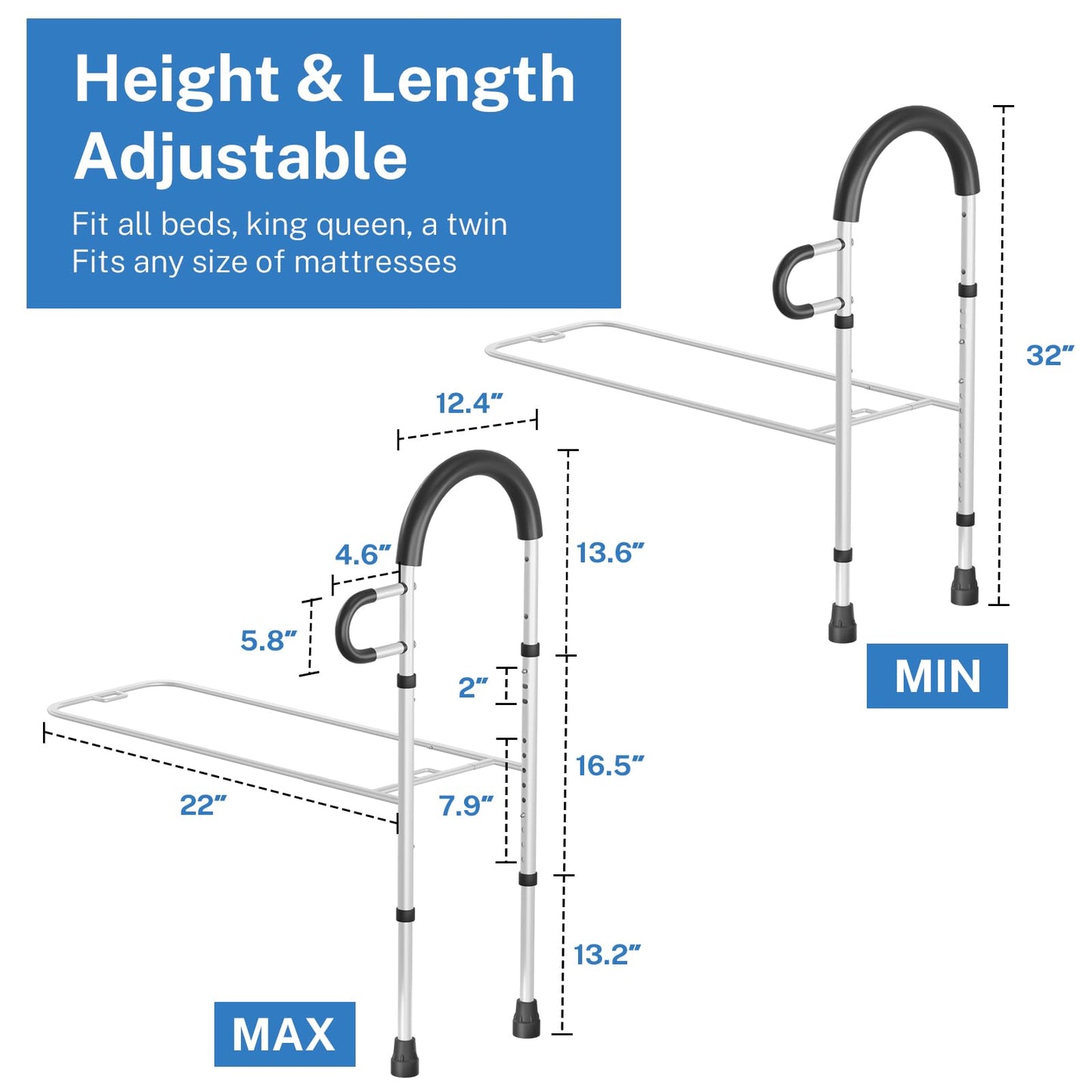 Bed Rails for Elderly Adults Safety with Storage Pocket, Dual Handle Grab Bars Height Adjustable Bed Rail Bed Assist bar Bed Rails for Seniors - Easy to Get in or Out of Bed Safely with Floor Support