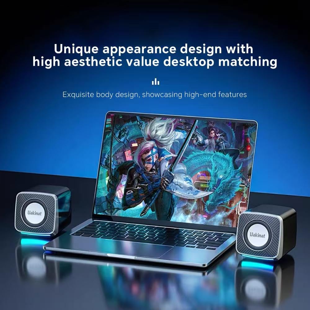 Uakinat PC Speakers 2"–3W Carbon Fiber Computer Speaker for Desktop or Laptop PC,USB C/USB-Powered,Crystal Clear Sound,Rich Bass,Loud Volume,Direct Control,Plug-N-Play,Black-Silver