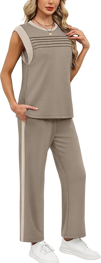 WIHOLL 2 Piece Sets for Women Summer Lounge Sets Travel Vacation Outfits Cap Sleeve Sweatsuit Side Slit Wide Leg Pants S-3XL