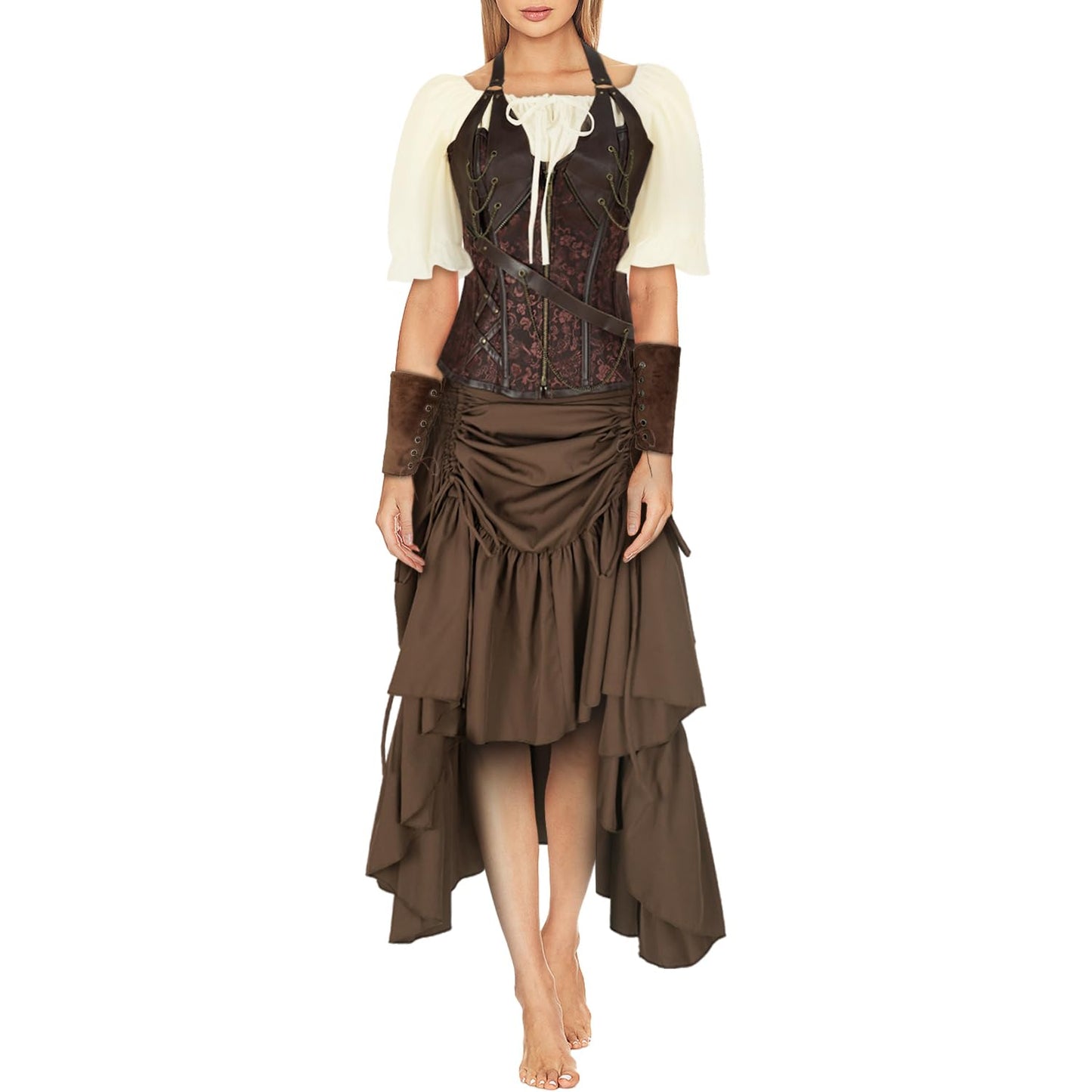 TEYHUI 4 pcs Viking pirate Renaissance costumes for women steampunk costume Halloween victorian costumes(Z3759BN,L)