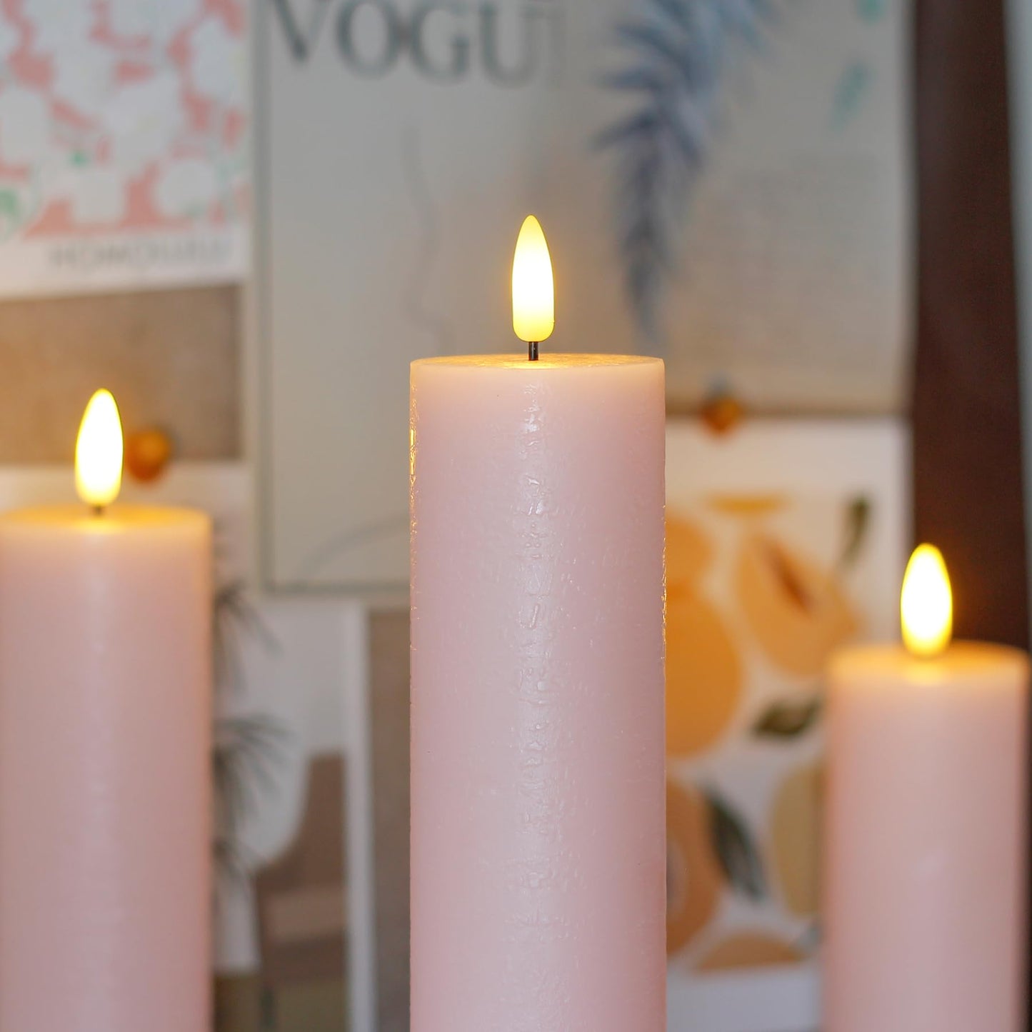 Vtobay Flickering Flameless Pillar Candles with Remote Control and Cycle Timer,Pink Pack of 4 Battery Operated(Powered by 2AA) LED Real Wax Tall Fake 3D-Wick Electric Candles(D 2.2” x H 4”,6”,8”,10”)