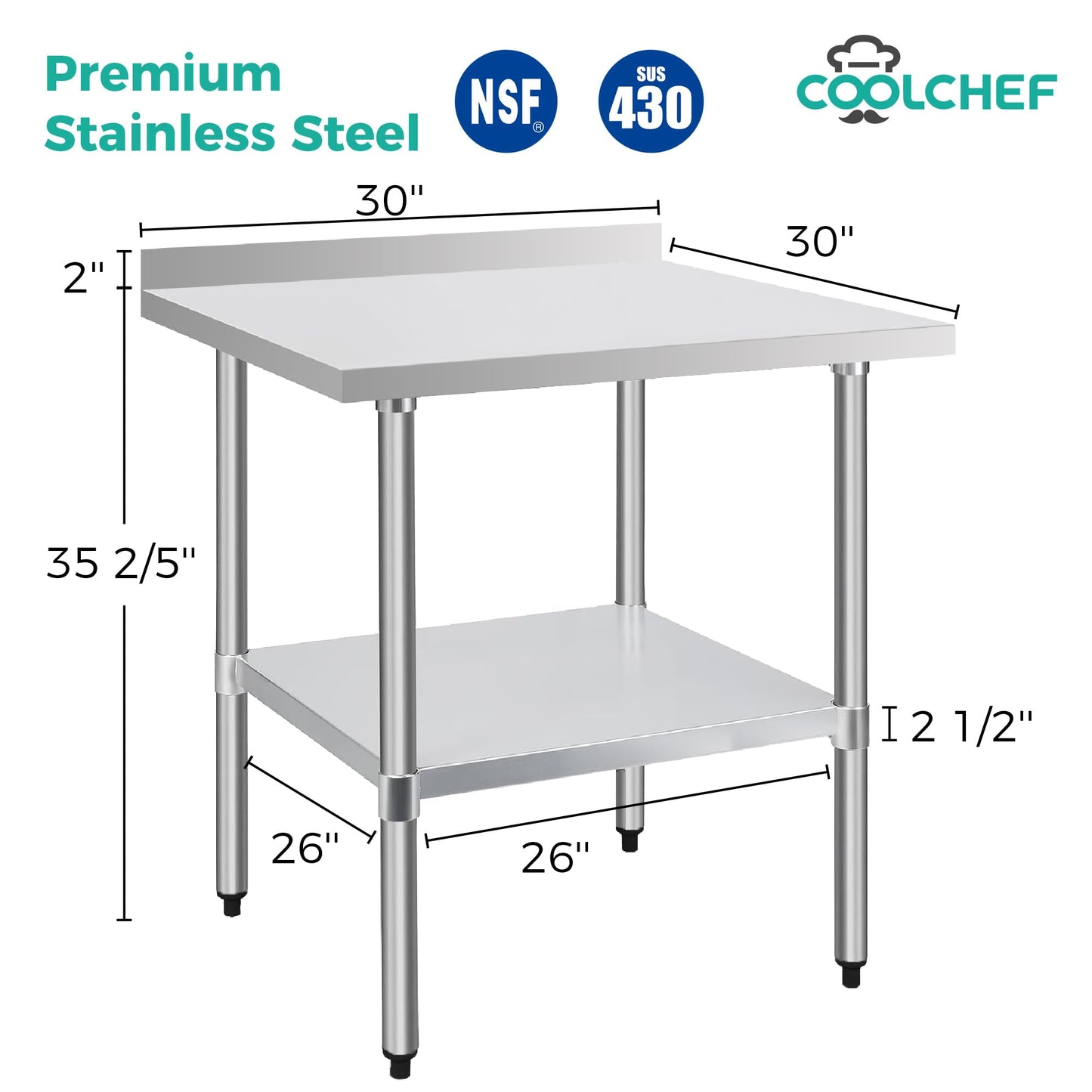 Okeyolive Stainless Steel Work Table 30 x 30 Inch, NSF Commercial Prep Table with Undershelf, Heavy Duty Food Prep Workstation with Backsplash