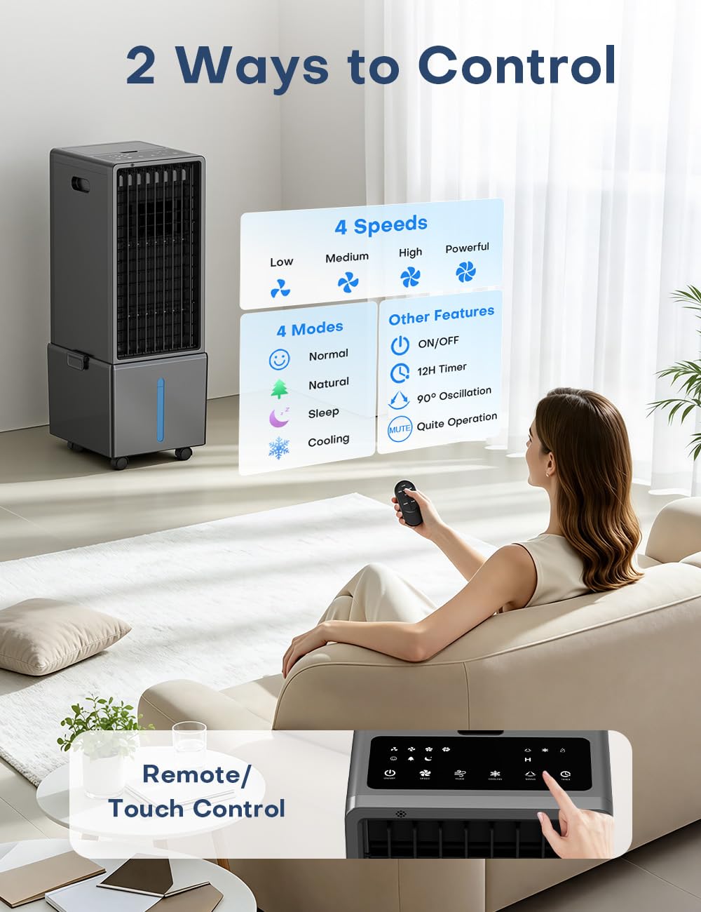 COOLECH 4-IN-1 Windowless Air Conditioner w/ 3.2-Gal Tank for 30H Cooling, 4 Wind Speeds & 4 Modes, Waterless Alert System, LED Touch Screen & Remote, 12H Timer, Swamp Cooler Air Conditioner for Room