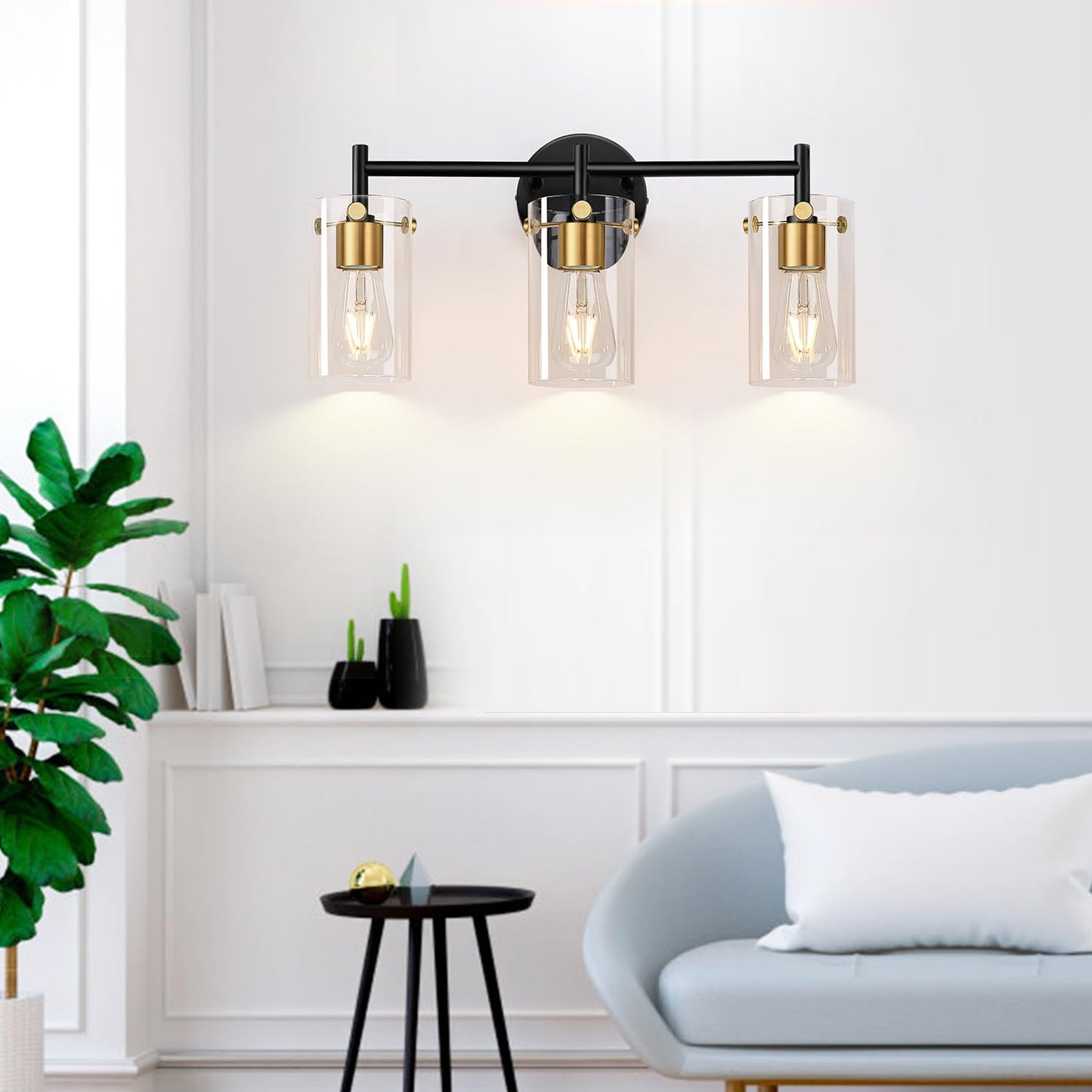 Bathroom Light Fixtures 2024 Upgrade, 3-Light Black and Gold Vanity Light, Black Bathroom Lights Over Mirror with Clear Glass Shade for Mirror Bedroom Living Room