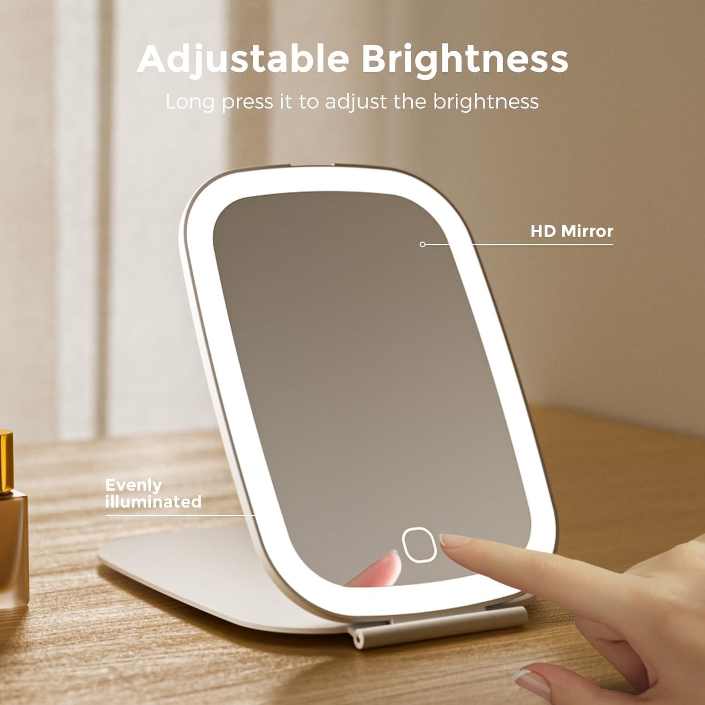 Travel Makeup Mirror, Rechargeable Portable Mirror with Lights, 3 Color Lighting, 7.5 inch Ultra Thin and Lightweight LED Folding Vanity Mirror