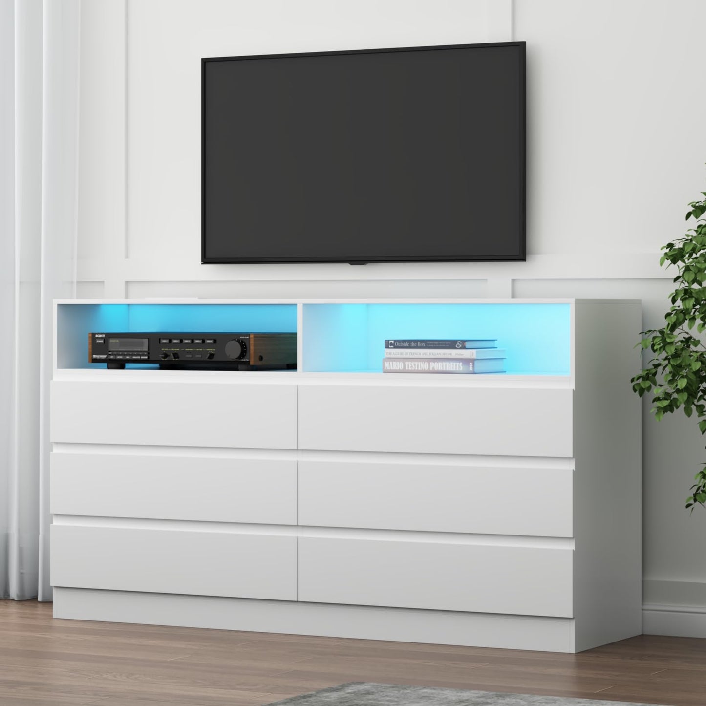 Gyfimoie 6 Drawer Double Dresser with Power Outlet, Accent Chests of Drawers with LED Light, Modern White Storage Dresser with Charging Station (Mirror Not Included)