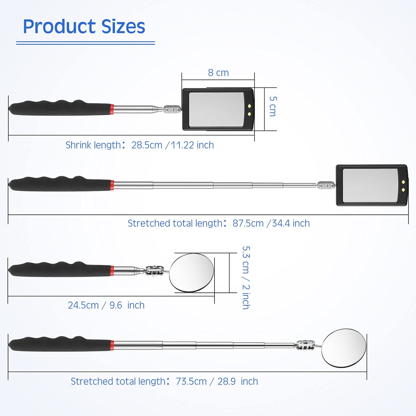 Frienda 2 Pieces Lighted Telescoping Inspection Mirror Flexible Retractable LED Automotive Extension Round Dental Mirror with Light Pickup Tools Birthday Christmas Gift for Men Husband Father