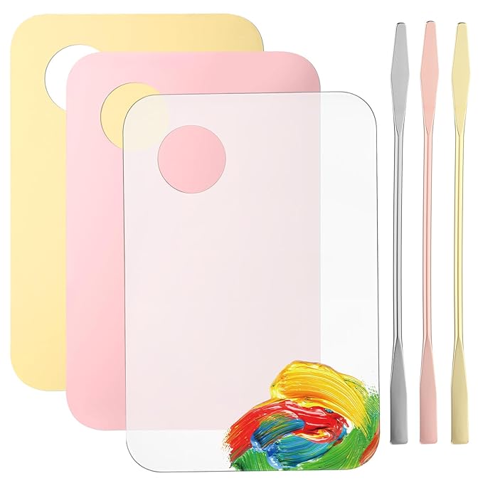 Makeup Mixing Palette Set, 6Pcs Makeup Palette Tray and Foundation Spatula, Nail Pallet for Nail Art, Foundation Mixing Palettes for Eye Shadow Lipsticks Beauty Salon (Pink, Gold, Transparent)