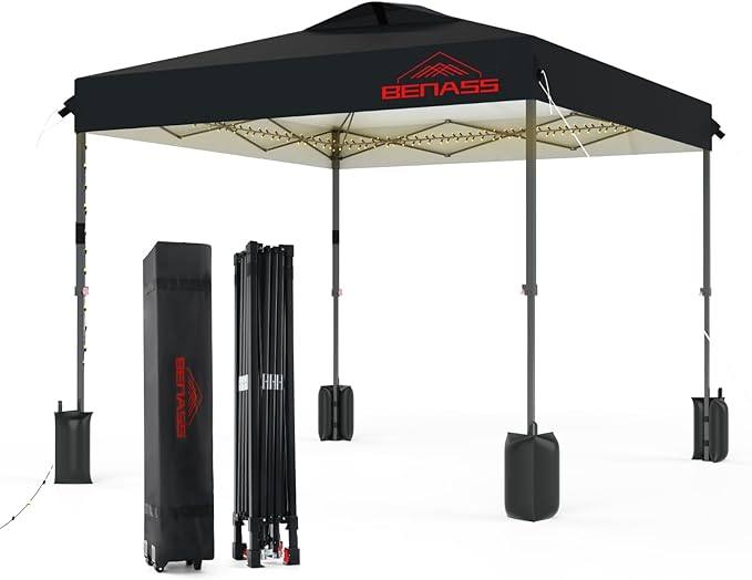 Benass 8x8 Pop Up Canopy, Easy Up Canopy Tent, Heavy Duty Tents for Parties, One Person Set Up Event Tent, Black