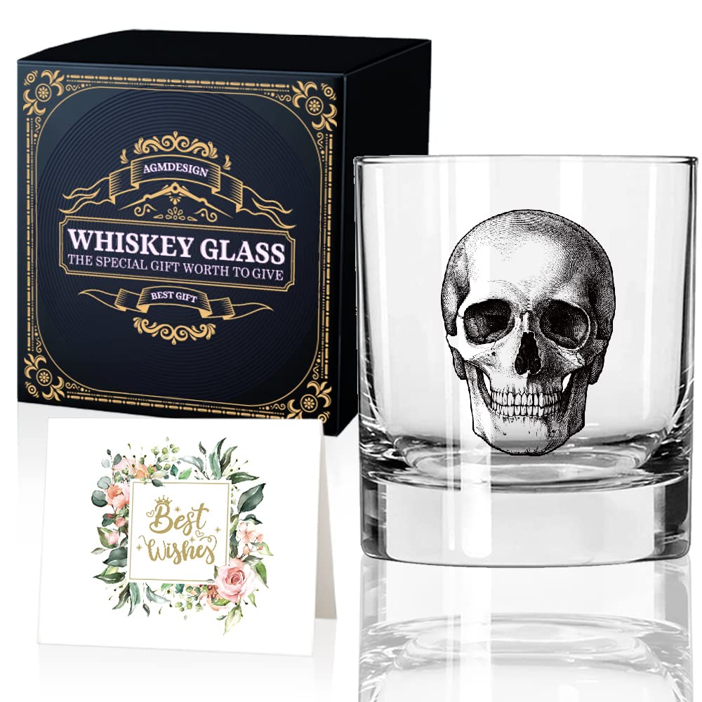 AGMdesign Skeleton Skull Whiskey Glass, Halloween Whiskey Glass, Fathers Day Gift for Men, Husband, Dad, Brother, Best Friend