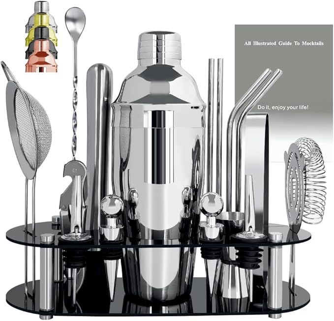 Cocktail Shaker Set Bartender Kit with Stand - 16 Piece Bar Tool Set Drink Mixer Set Includes : 25oz Shakers, Jigger, Stra...