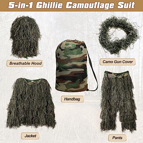 DoCred 5 in 1 Ghillie Suit, 3D Camouflage Hunting Apparel w/Jacket, Pants, Hood, Carry Bag for Adults/Youth, S/M/L/XL/XXL