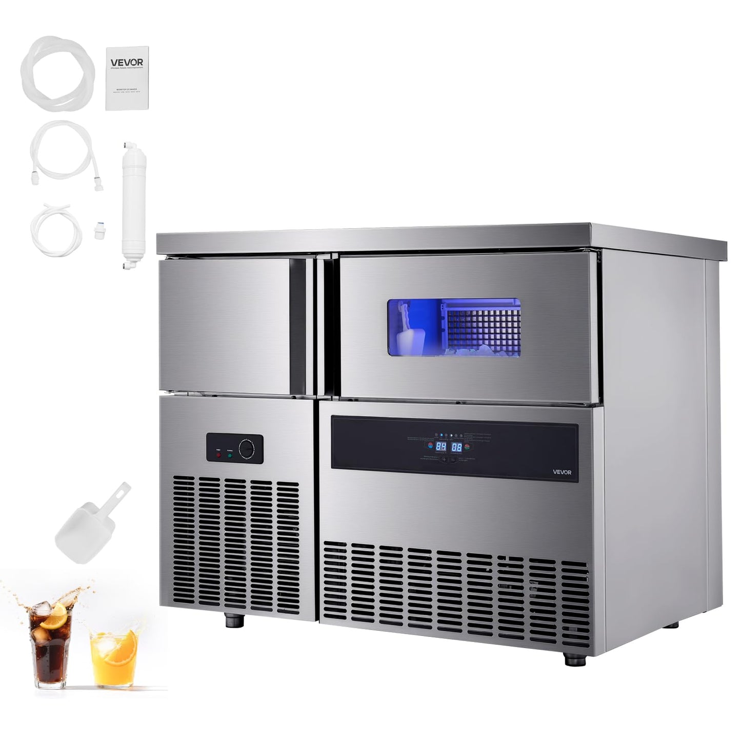 VEVOR Commercial Ice Maker Machine, 330 lbs/24H Stainless Steel Ice Machine with Worktop, 88 lbs Storage & 144 Cubes/Cycle, Self-Cleaning Freestanding Ice-Making for Home Bar Office Restaurant Kitchen
