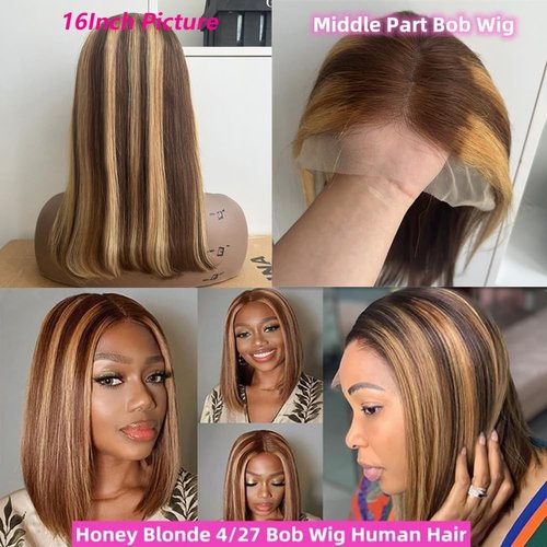 Superfect Highlight Lace Front Bob Wig Human Hair 16 Inch Ombre Honey Blonde 13x4 Hd Lace Front Wigs Human Hair Pre Plucked Middle Part 4/27 Colored Lace Frontal Wigs (Highlight 4/27, 16 Inch)
