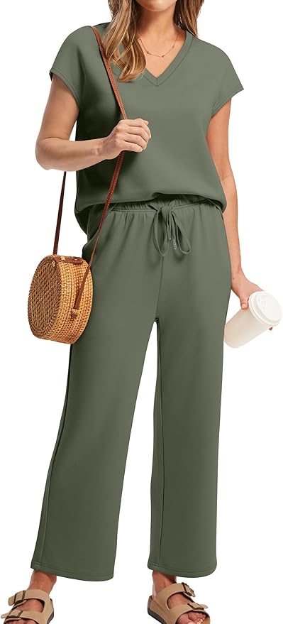 Saloogoe Two Piece Sets for Women Summer Outfits Lounge Sets V Neck Tops Wide Leg Pants Woman Vacation Travel Outfits