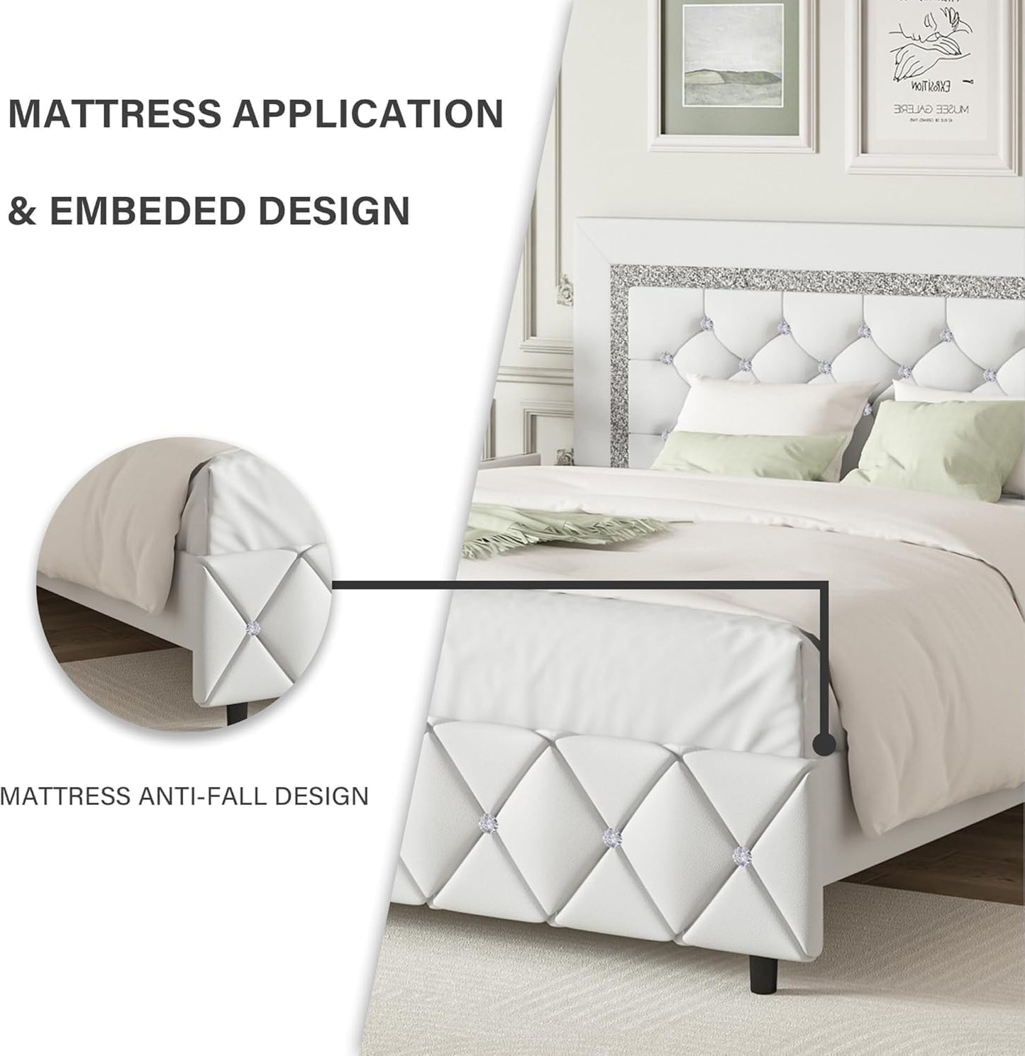 Twin Size Bed Frames, Upholstered Platform Bed with Button Tufted Headboard, Princess Platform Bed with Diamond Design, Wooden Slats Support, No Box Spring Required, Easy Assembly, White