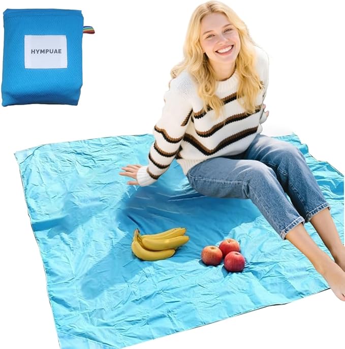 Hympuae Beach Picnic Pocket Blanket 59"x71" - Foldable Lightweight‌ Sandproof Waterproof Mat with 4 Stakes, ‌Outdoor Campi...